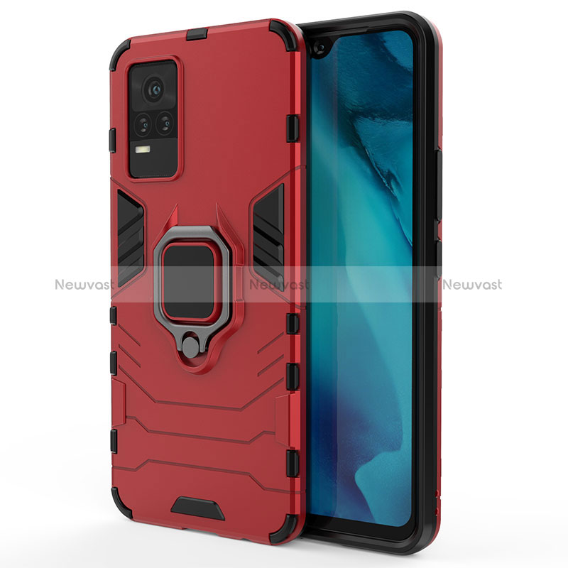 Silicone Matte Finish and Plastic Back Cover Case with Magnetic Finger Ring Stand KC1 for Vivo V21e 4G