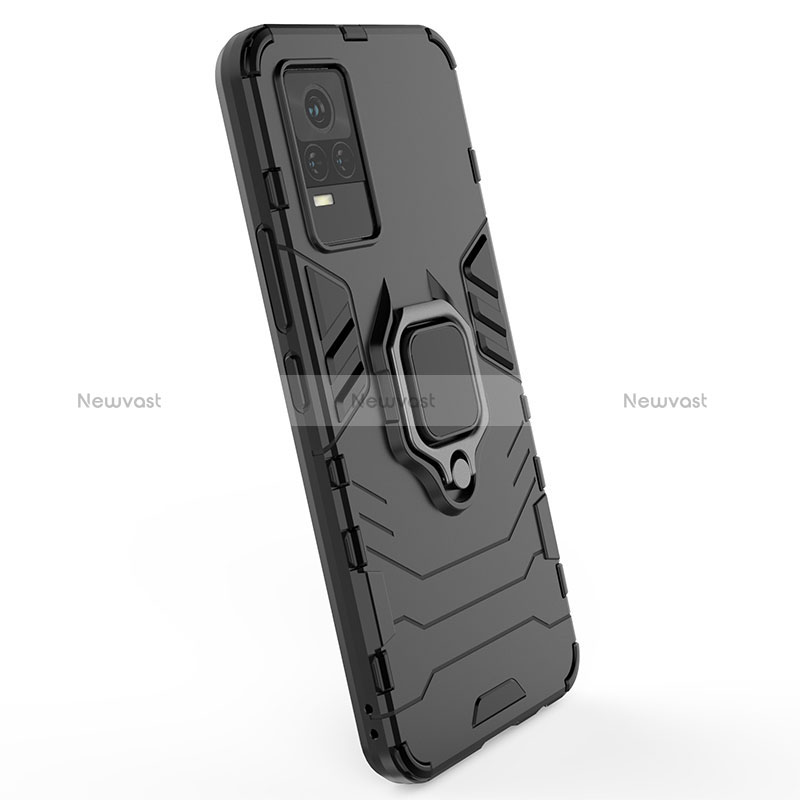 Silicone Matte Finish and Plastic Back Cover Case with Magnetic Finger Ring Stand KC1 for Vivo V21e 4G