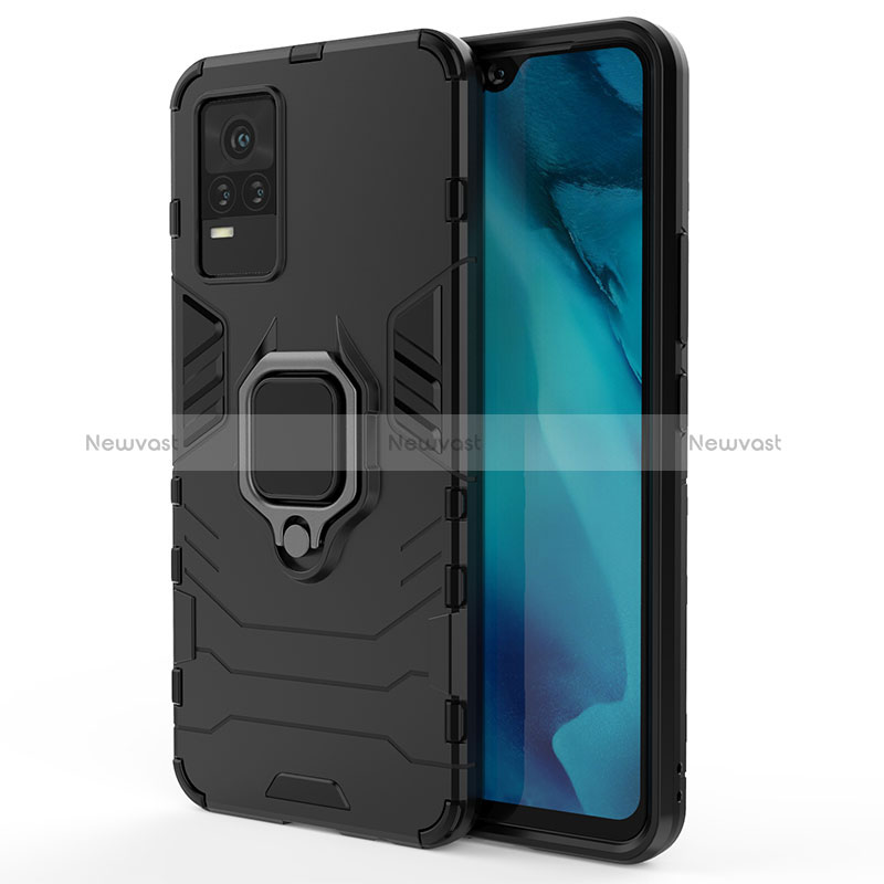 Silicone Matte Finish and Plastic Back Cover Case with Magnetic Finger Ring Stand KC1 for Vivo V21e 4G Black