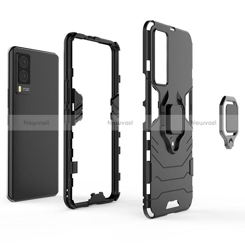 Silicone Matte Finish and Plastic Back Cover Case with Magnetic Finger Ring Stand KC1 for Vivo V21e 5G