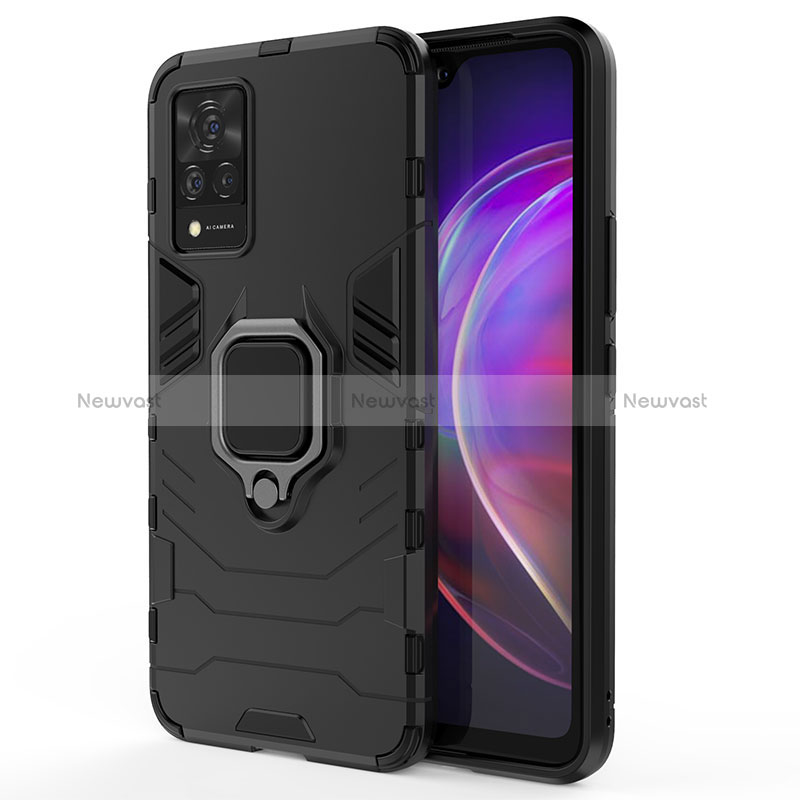 Silicone Matte Finish and Plastic Back Cover Case with Magnetic Finger Ring Stand KC1 for Vivo V21s 5G Black