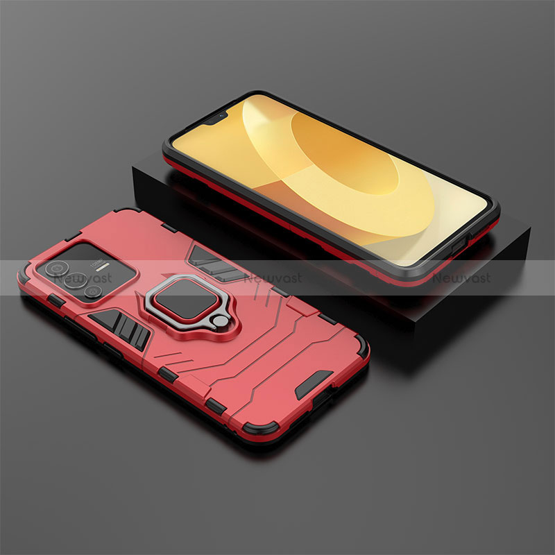 Silicone Matte Finish and Plastic Back Cover Case with Magnetic Finger Ring Stand KC1 for Vivo V23 5G