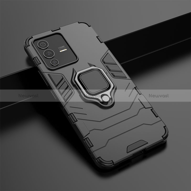 Silicone Matte Finish and Plastic Back Cover Case with Magnetic Finger Ring Stand KC1 for Vivo V23 5G