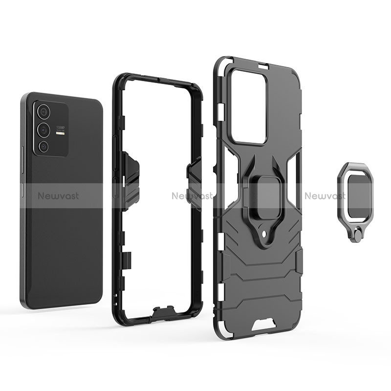 Silicone Matte Finish and Plastic Back Cover Case with Magnetic Finger Ring Stand KC1 for Vivo V23 5G