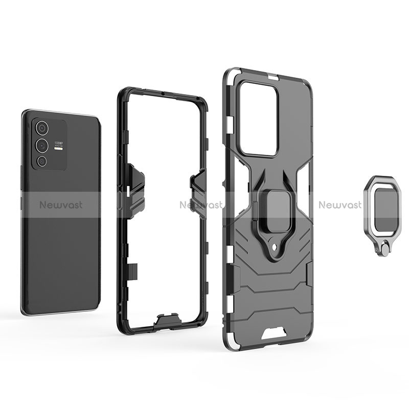 Silicone Matte Finish and Plastic Back Cover Case with Magnetic Finger Ring Stand KC1 for Vivo V23 Pro 5G