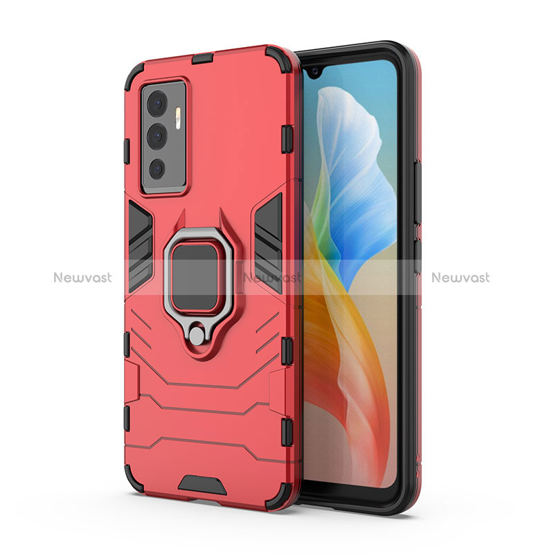 Silicone Matte Finish and Plastic Back Cover Case with Magnetic Finger Ring Stand KC1 for Vivo V23e 5G