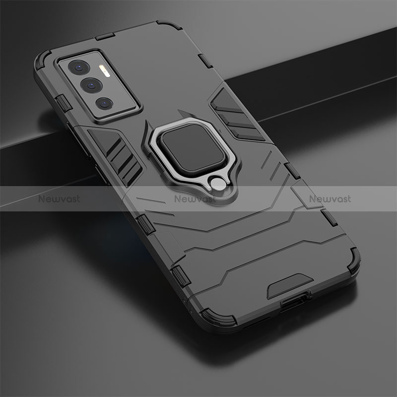 Silicone Matte Finish and Plastic Back Cover Case with Magnetic Finger Ring Stand KC1 for Vivo V23e 5G