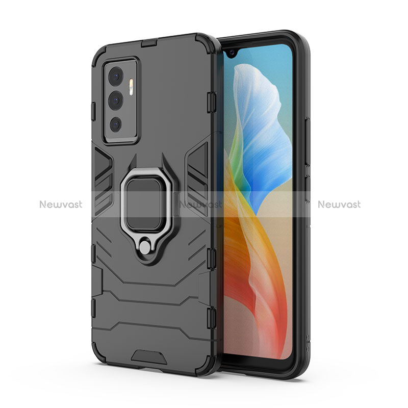 Silicone Matte Finish and Plastic Back Cover Case with Magnetic Finger Ring Stand KC1 for Vivo V23e 5G Black