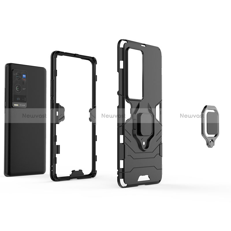 Silicone Matte Finish and Plastic Back Cover Case with Magnetic Finger Ring Stand KC1 for Vivo X60 Pro+ Plus 5G