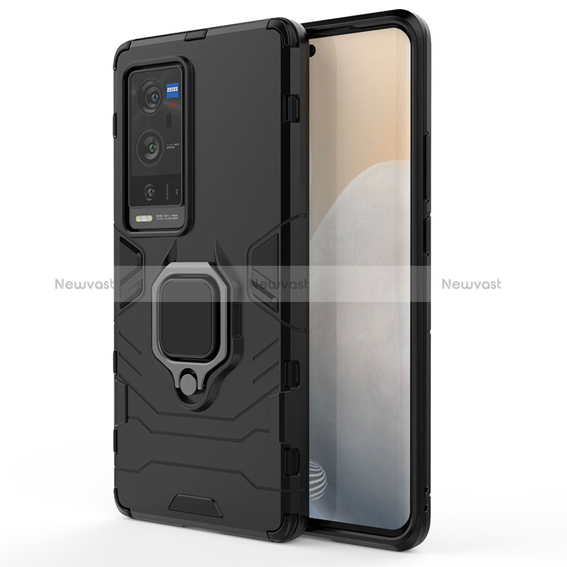 Silicone Matte Finish and Plastic Back Cover Case with Magnetic Finger Ring Stand KC1 for Vivo X60 Pro+ Plus 5G Black