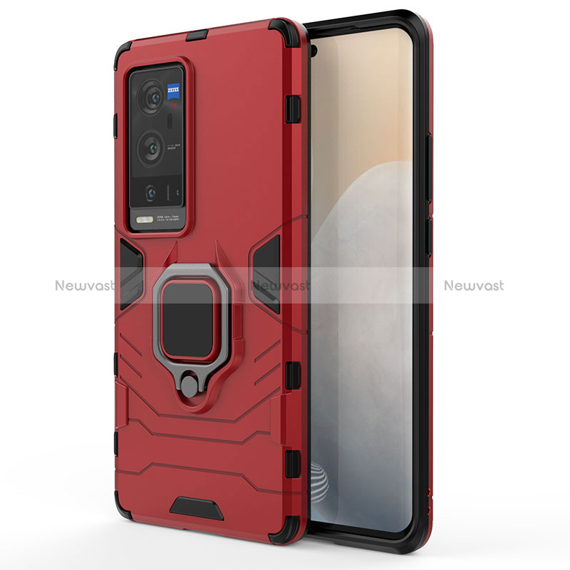 Silicone Matte Finish and Plastic Back Cover Case with Magnetic Finger Ring Stand KC1 for Vivo X60 Pro+ Plus 5G Red