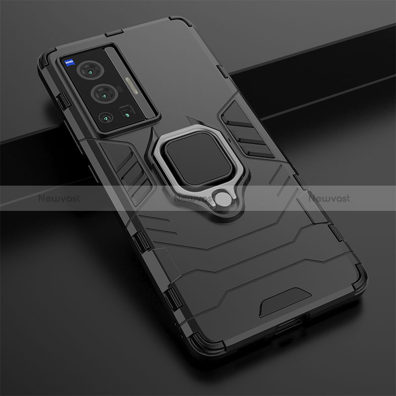 Silicone Matte Finish and Plastic Back Cover Case with Magnetic Finger Ring Stand KC1 for Vivo X70 Pro 5G
