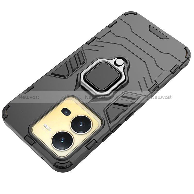 Silicone Matte Finish and Plastic Back Cover Case with Magnetic Finger Ring Stand KC1 for Vivo X80 Lite 5G