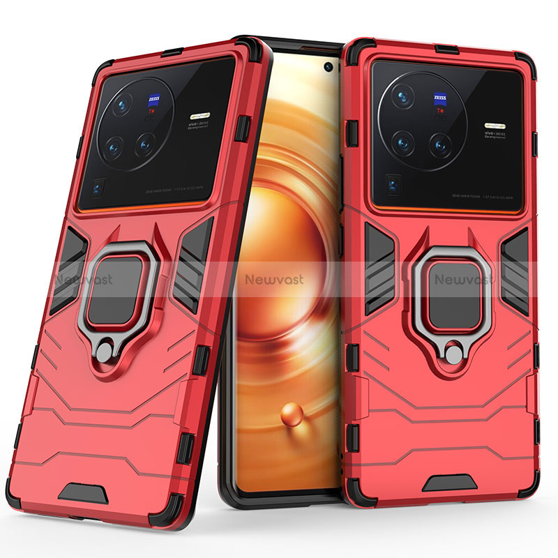 Silicone Matte Finish and Plastic Back Cover Case with Magnetic Finger Ring Stand KC1 for Vivo X80 Pro 5G