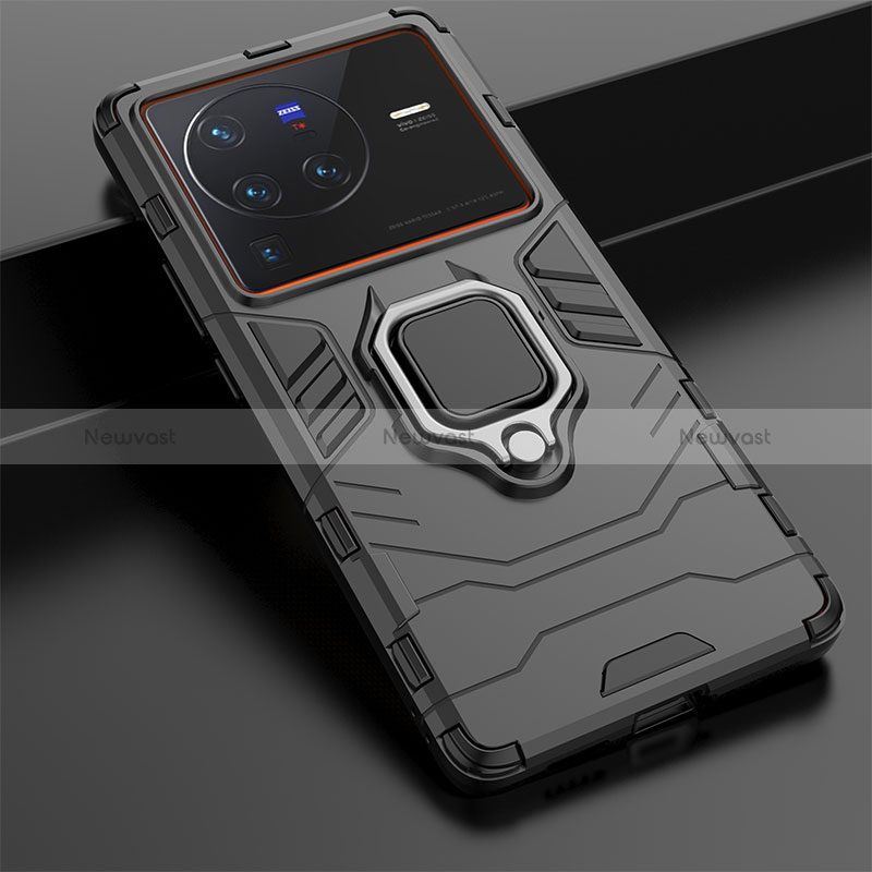 Silicone Matte Finish and Plastic Back Cover Case with Magnetic Finger Ring Stand KC1 for Vivo X80 Pro 5G