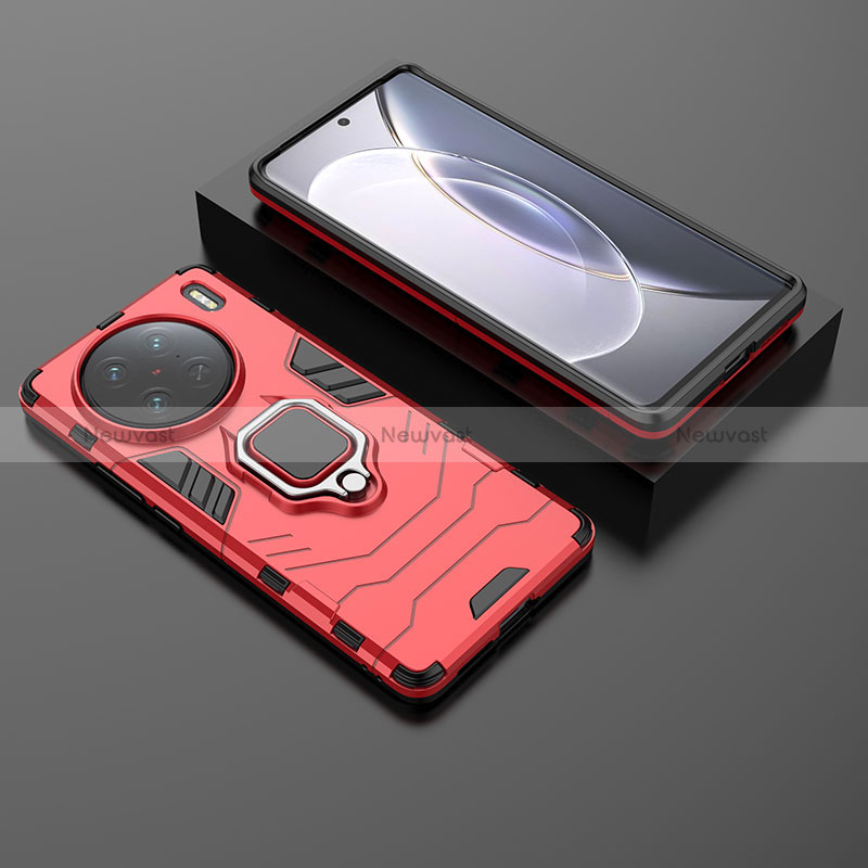 Silicone Matte Finish and Plastic Back Cover Case with Magnetic Finger Ring Stand KC1 for Vivo X90 Pro 5G Red