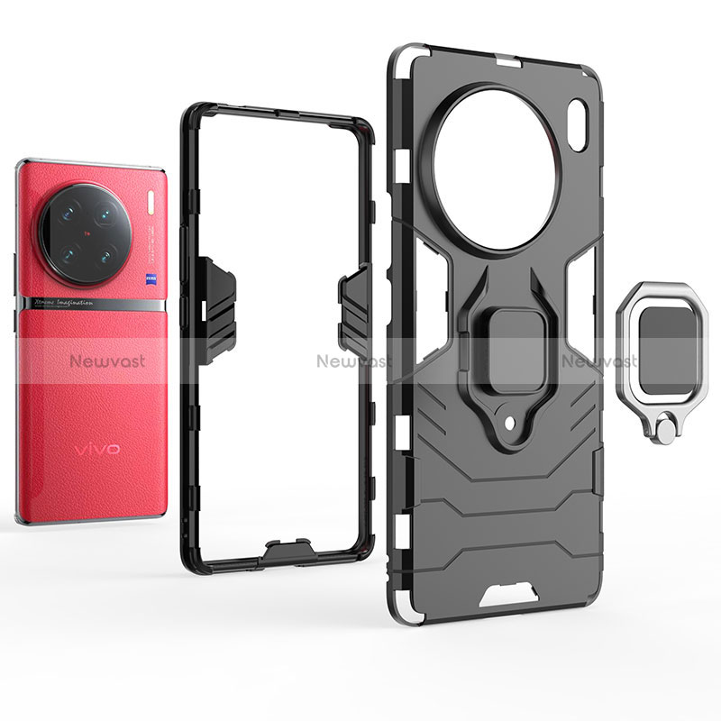 Silicone Matte Finish and Plastic Back Cover Case with Magnetic Finger Ring Stand KC1 for Vivo X90 Pro+ Plus 5G