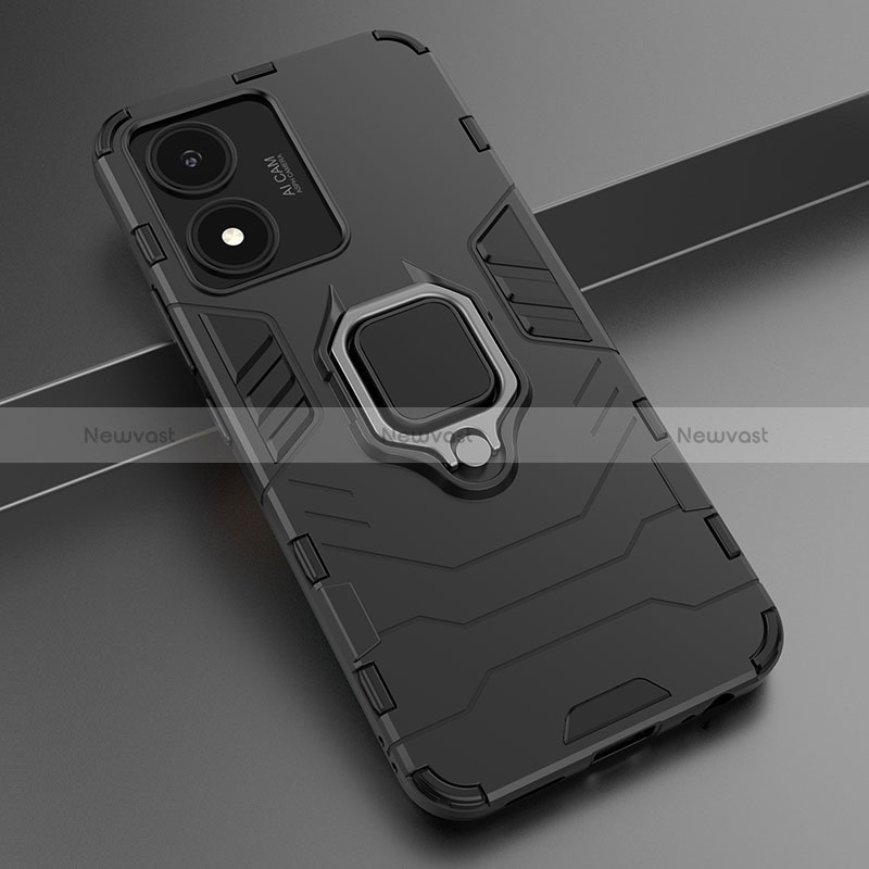 Silicone Matte Finish and Plastic Back Cover Case with Magnetic Finger Ring Stand KC1 for Vivo Y02S