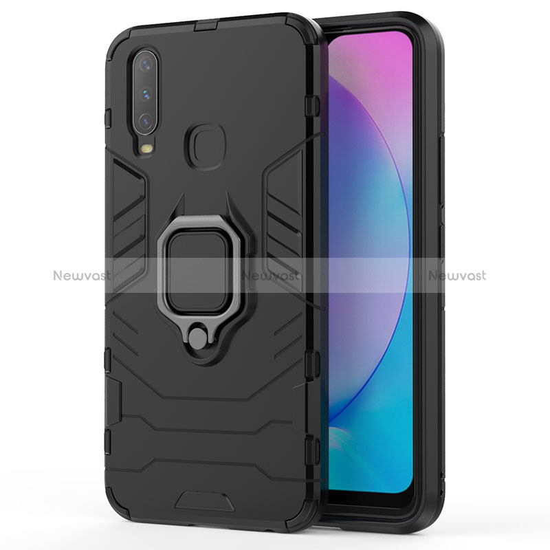 Silicone Matte Finish and Plastic Back Cover Case with Magnetic Finger Ring Stand KC1 for Vivo Y11