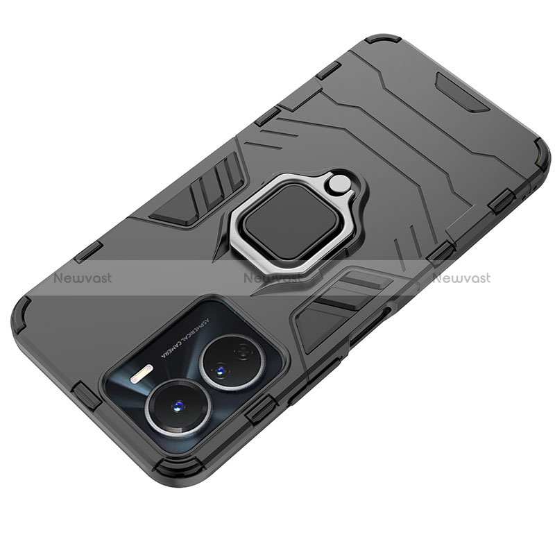 Silicone Matte Finish and Plastic Back Cover Case with Magnetic Finger Ring Stand KC1 for Vivo Y16