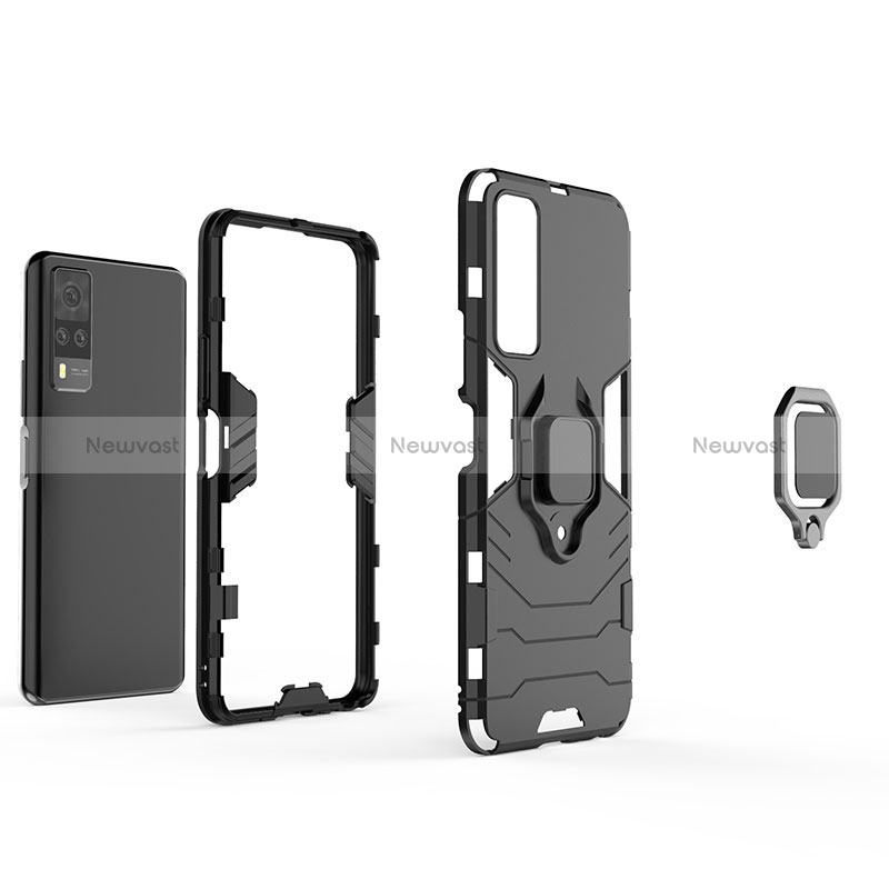 Silicone Matte Finish and Plastic Back Cover Case with Magnetic Finger Ring Stand KC1 for Vivo Y31 (2021)