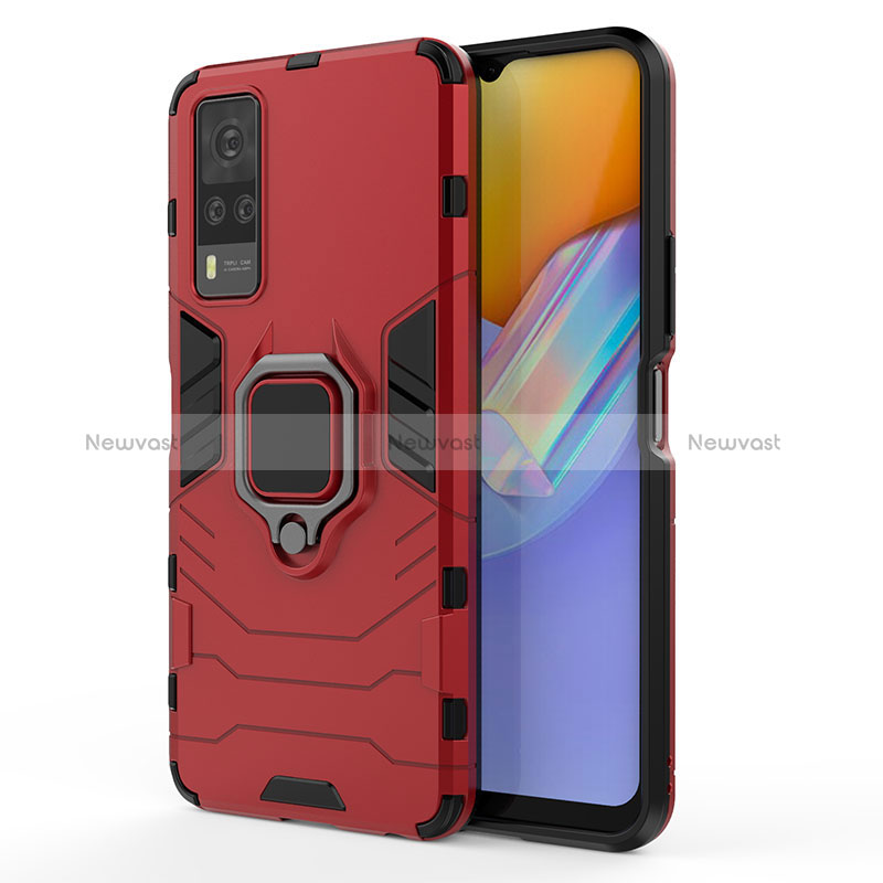 Silicone Matte Finish and Plastic Back Cover Case with Magnetic Finger Ring Stand KC1 for Vivo Y31 (2021) Red