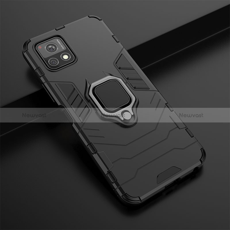 Silicone Matte Finish and Plastic Back Cover Case with Magnetic Finger Ring Stand KC1 for Vivo Y31s 5G