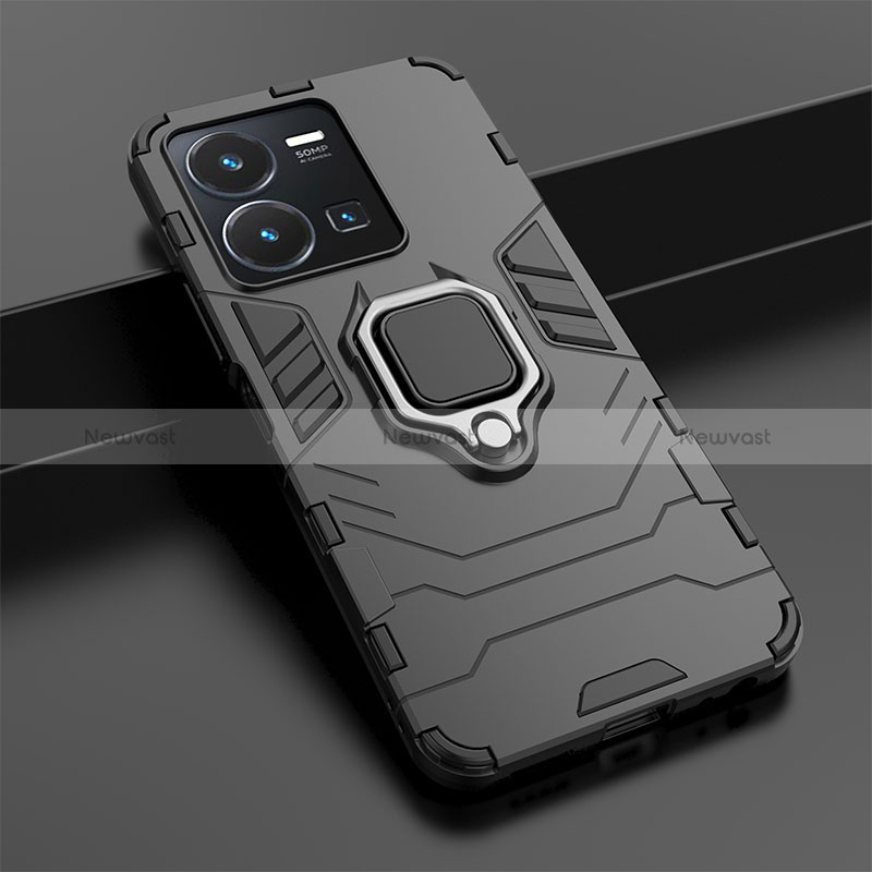 Silicone Matte Finish and Plastic Back Cover Case with Magnetic Finger Ring Stand KC1 for Vivo Y35 4G