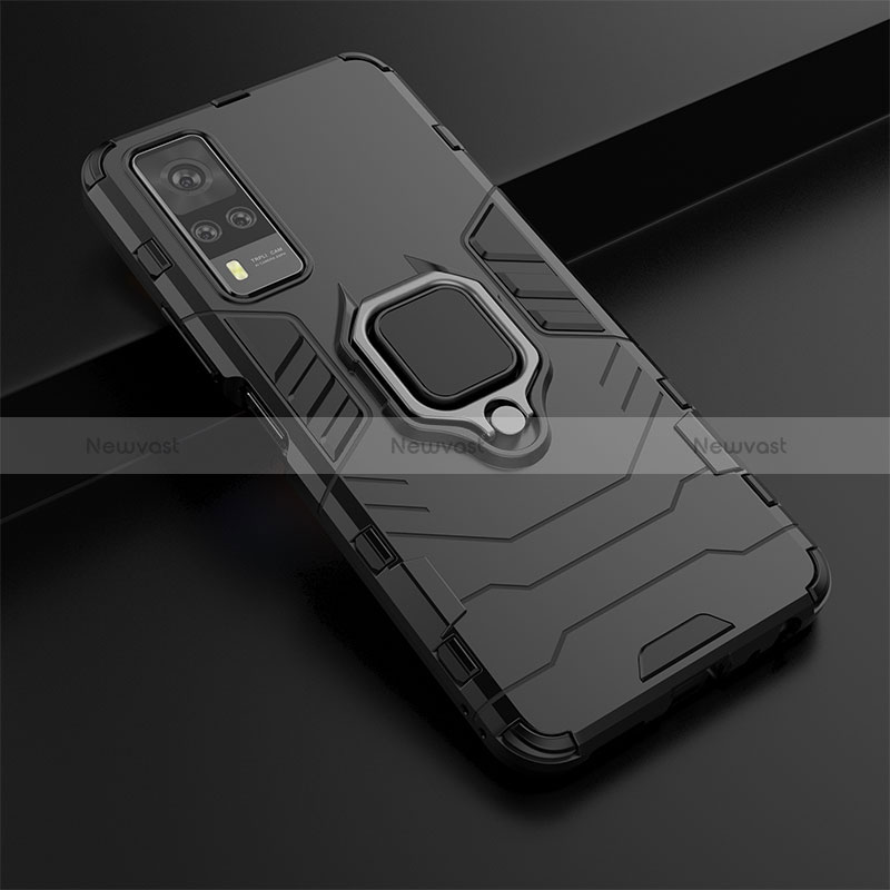 Silicone Matte Finish and Plastic Back Cover Case with Magnetic Finger Ring Stand KC1 for Vivo Y51 (2021)