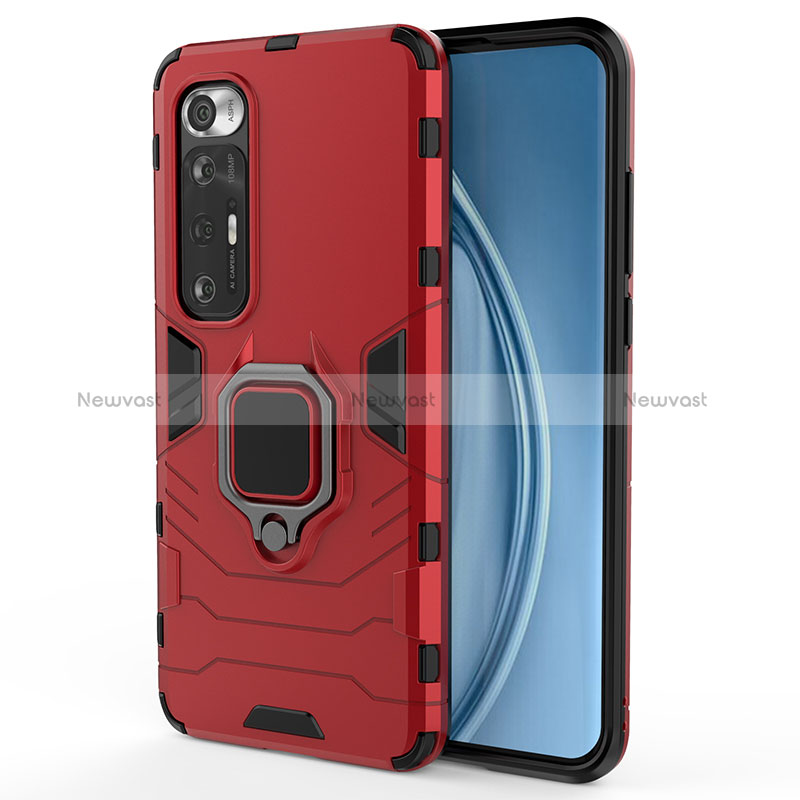 Silicone Matte Finish and Plastic Back Cover Case with Magnetic Finger Ring Stand KC1 for Xiaomi Mi 10S 5G Red