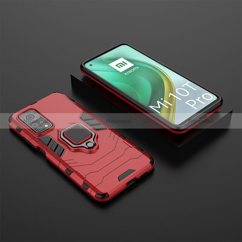 Silicone Matte Finish and Plastic Back Cover Case with Magnetic Finger Ring Stand KC1 for Xiaomi Mi 10T Pro 5G