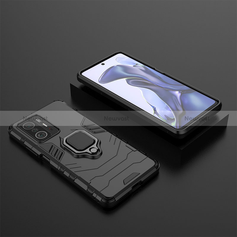 Silicone Matte Finish and Plastic Back Cover Case with Magnetic Finger Ring Stand KC1 for Xiaomi Mi 11T 5G
