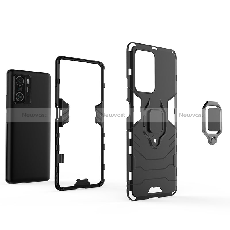 Silicone Matte Finish and Plastic Back Cover Case with Magnetic Finger Ring Stand KC1 for Xiaomi Mi 11T 5G