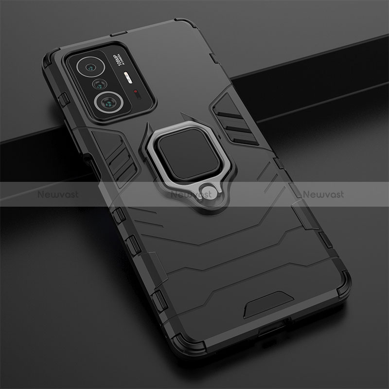 Silicone Matte Finish and Plastic Back Cover Case with Magnetic Finger Ring Stand KC1 for Xiaomi Mi 11T Pro 5G