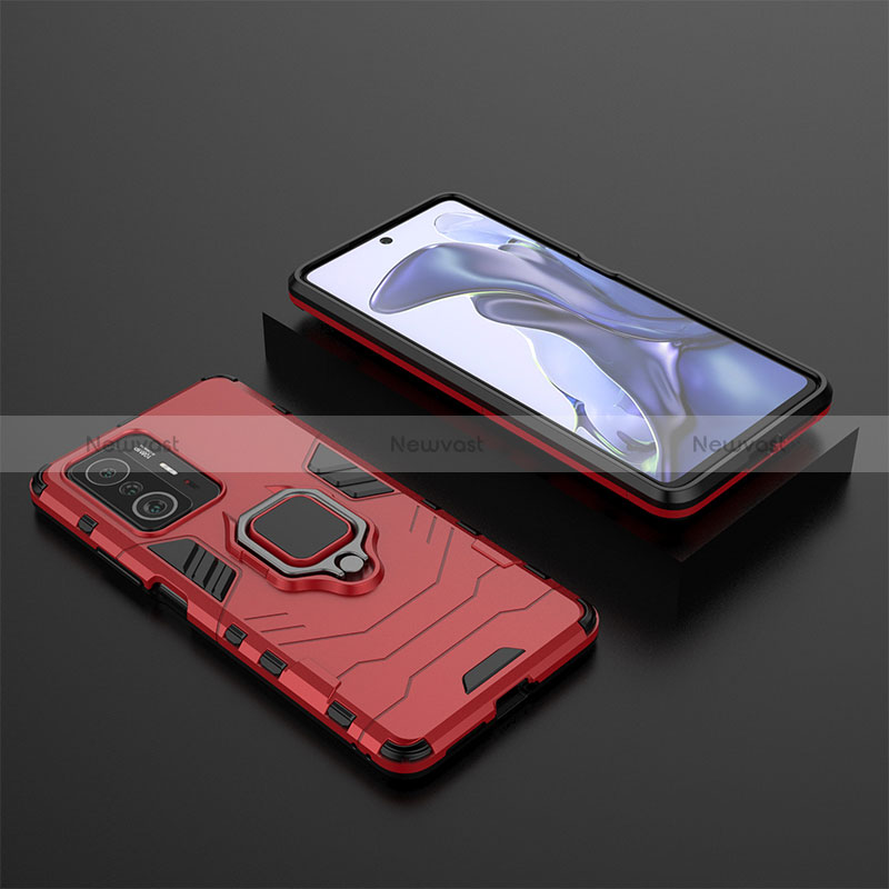 Silicone Matte Finish and Plastic Back Cover Case with Magnetic Finger Ring Stand KC1 for Xiaomi Mi 11T Pro 5G