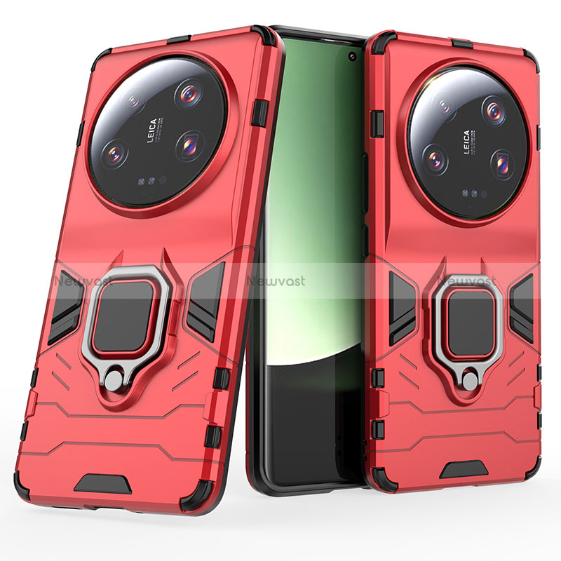 Silicone Matte Finish and Plastic Back Cover Case with Magnetic Finger Ring Stand KC1 for Xiaomi Mi 13 Ultra 5G Red