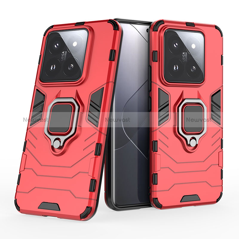 Silicone Matte Finish and Plastic Back Cover Case with Magnetic Finger Ring Stand KC1 for Xiaomi Mi 14 5G Red