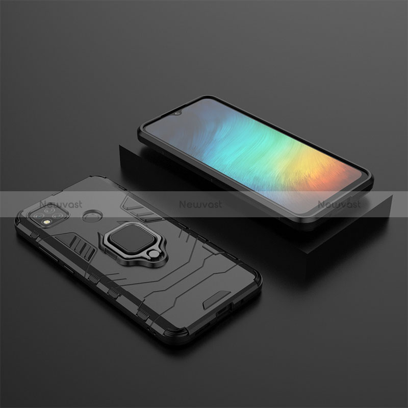 Silicone Matte Finish and Plastic Back Cover Case with Magnetic Finger Ring Stand KC1 for Xiaomi POCO C3 Black