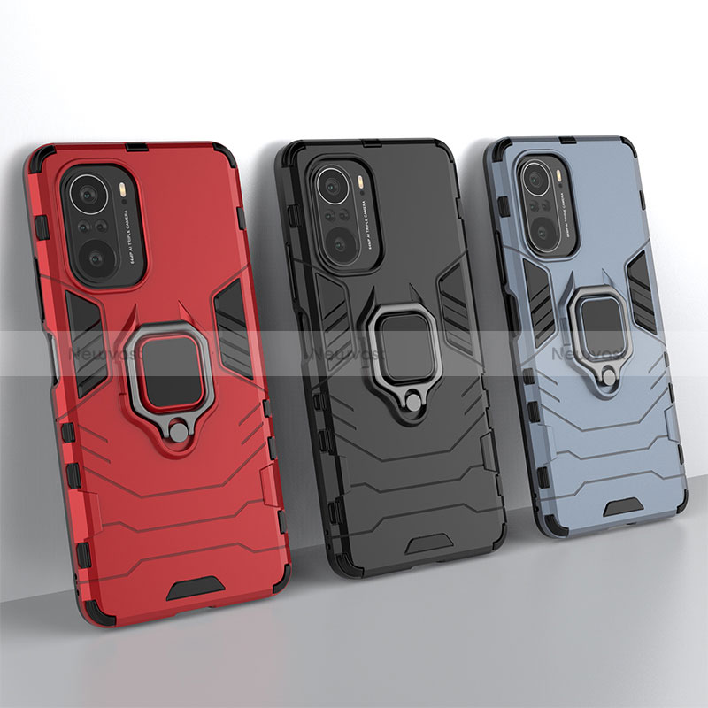 Silicone Matte Finish and Plastic Back Cover Case with Magnetic Finger Ring Stand KC1 for Xiaomi Poco F3 5G