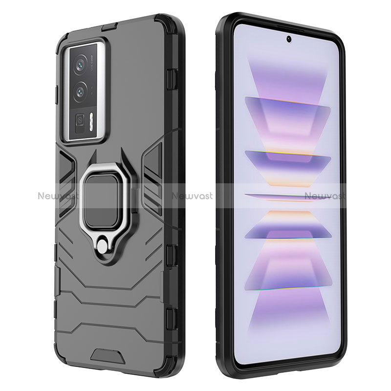 Silicone Matte Finish and Plastic Back Cover Case with Magnetic Finger Ring Stand KC1 for Xiaomi Poco F5 Pro 5G