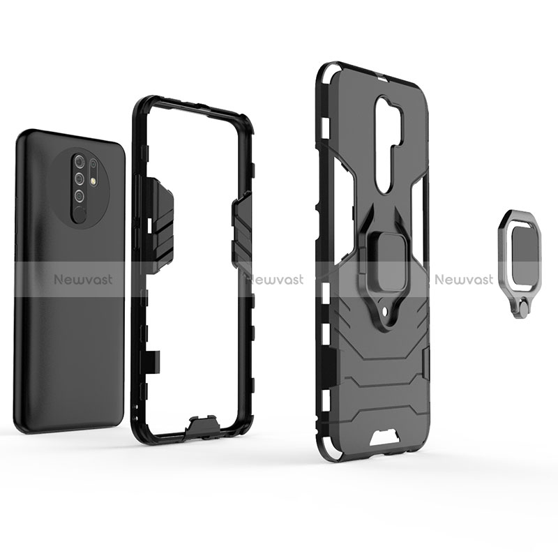 Silicone Matte Finish and Plastic Back Cover Case with Magnetic Finger Ring Stand KC1 for Xiaomi Poco M2