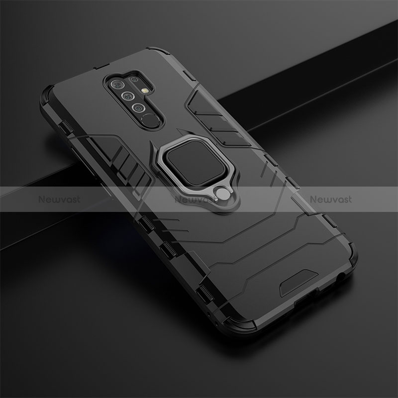 Silicone Matte Finish and Plastic Back Cover Case with Magnetic Finger Ring Stand KC1 for Xiaomi Poco M2