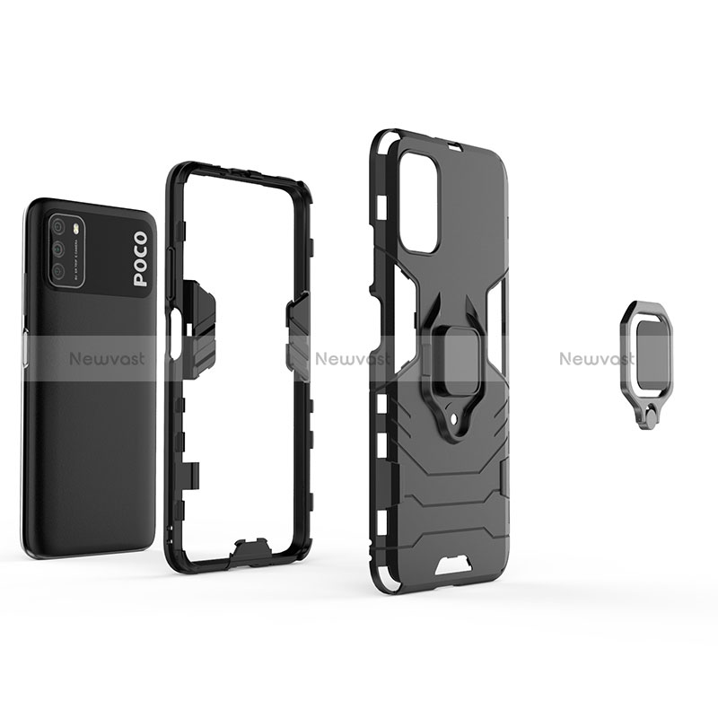 Silicone Matte Finish and Plastic Back Cover Case with Magnetic Finger Ring Stand KC1 for Xiaomi Poco M3