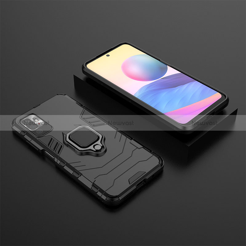 Silicone Matte Finish and Plastic Back Cover Case with Magnetic Finger Ring Stand KC1 for Xiaomi POCO M3 Pro 5G