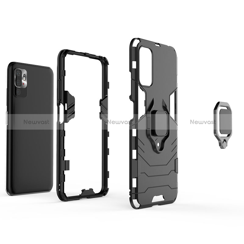 Silicone Matte Finish and Plastic Back Cover Case with Magnetic Finger Ring Stand KC1 for Xiaomi POCO M3 Pro 5G