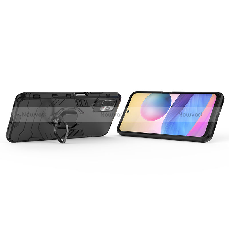 Silicone Matte Finish and Plastic Back Cover Case with Magnetic Finger Ring Stand KC1 for Xiaomi POCO M3 Pro 5G