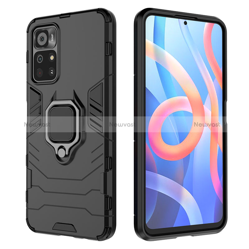 Silicone Matte Finish and Plastic Back Cover Case with Magnetic Finger Ring Stand KC1 for Xiaomi Poco M4 Pro 5G