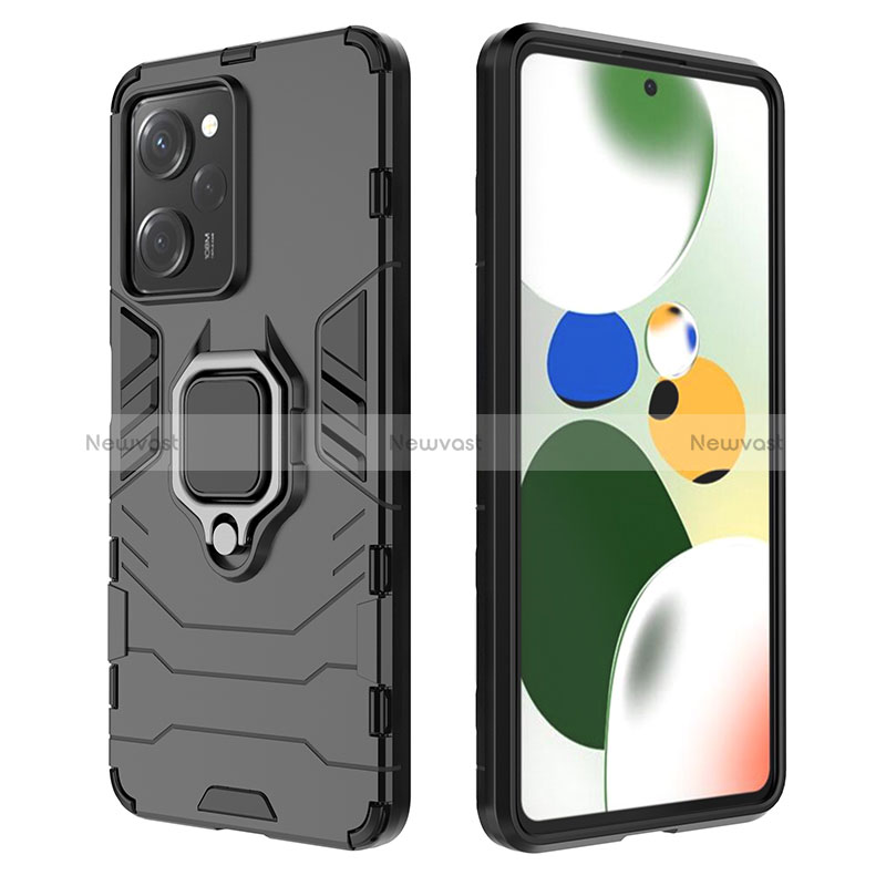 Silicone Matte Finish and Plastic Back Cover Case with Magnetic Finger Ring Stand KC1 for Xiaomi Poco X5 Pro 5G