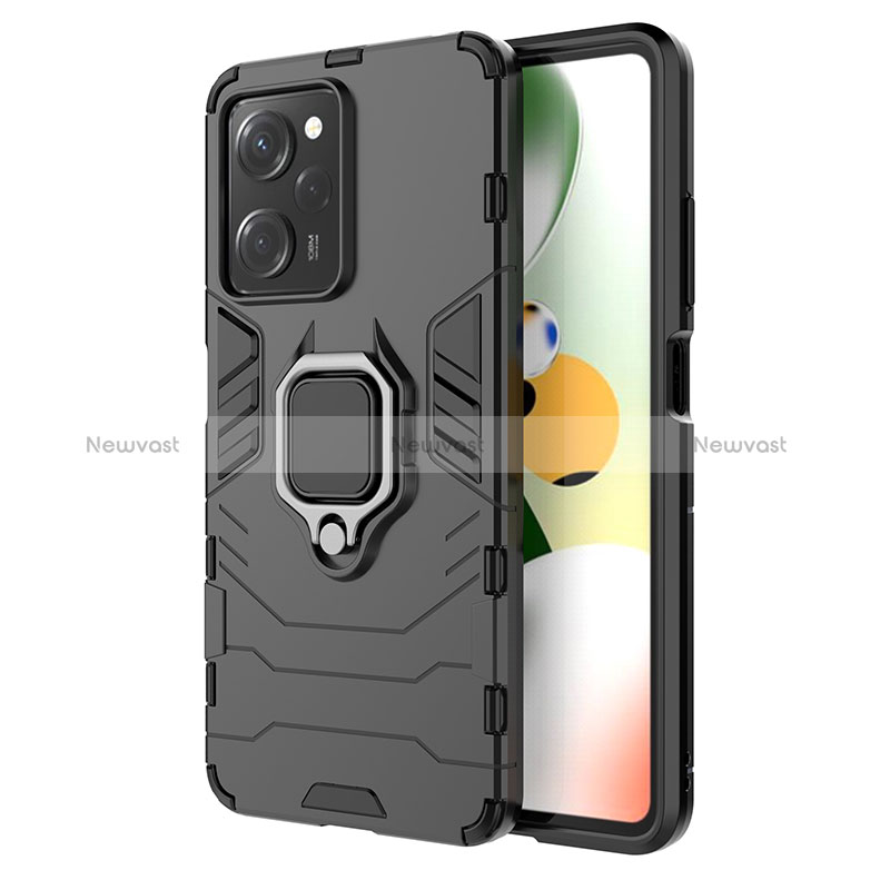 Silicone Matte Finish and Plastic Back Cover Case with Magnetic Finger Ring Stand KC1 for Xiaomi Poco X5 Pro 5G Black