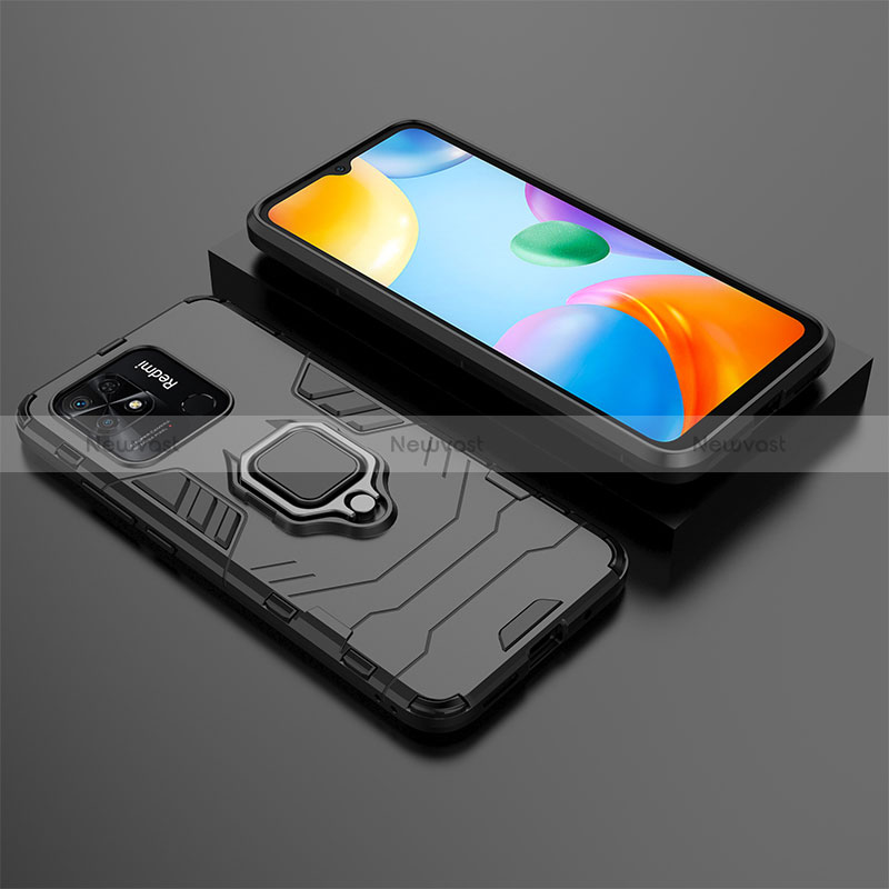 Silicone Matte Finish and Plastic Back Cover Case with Magnetic Finger Ring Stand KC1 for Xiaomi Redmi 10 India